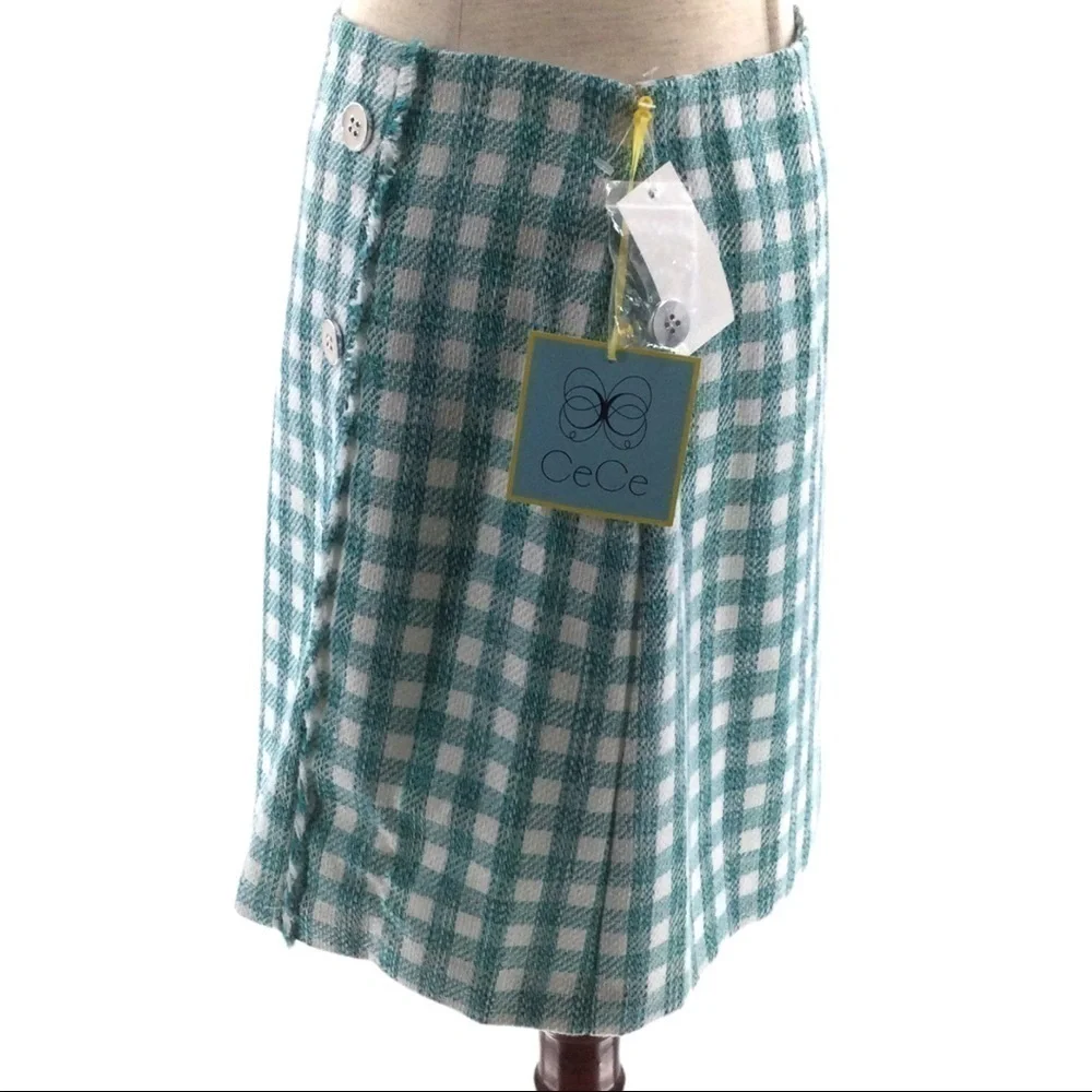 CeCe Frayed Tweed‎ Frame Gingham Pencil Mini Skirt